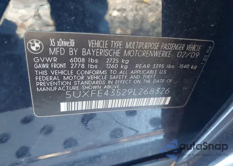 2009 BMW X5 xDrive30I from USA, damaged, VIN 5UXFE43529L268326